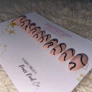 Reflective black nudes classy swirls press ons nails valentines gift for her